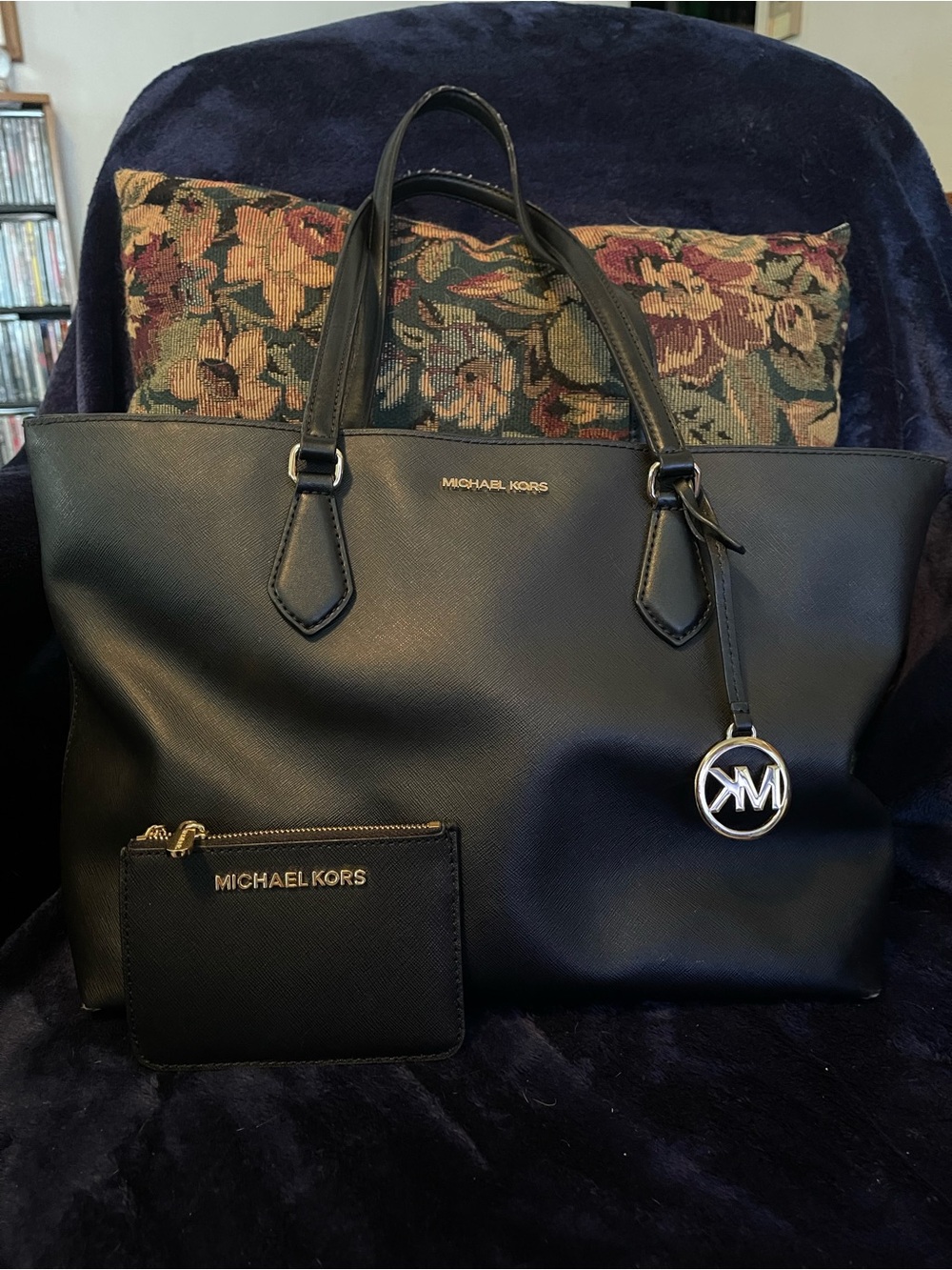 Michael Kors Black Saffiano Leather Shoulder Tote with Coin Pouch